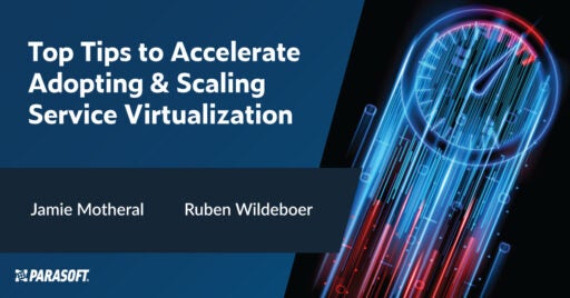 Top Tips to Accelerate Adopting & Scaling Service Virtualization with graphic of stopwatch moving to the right