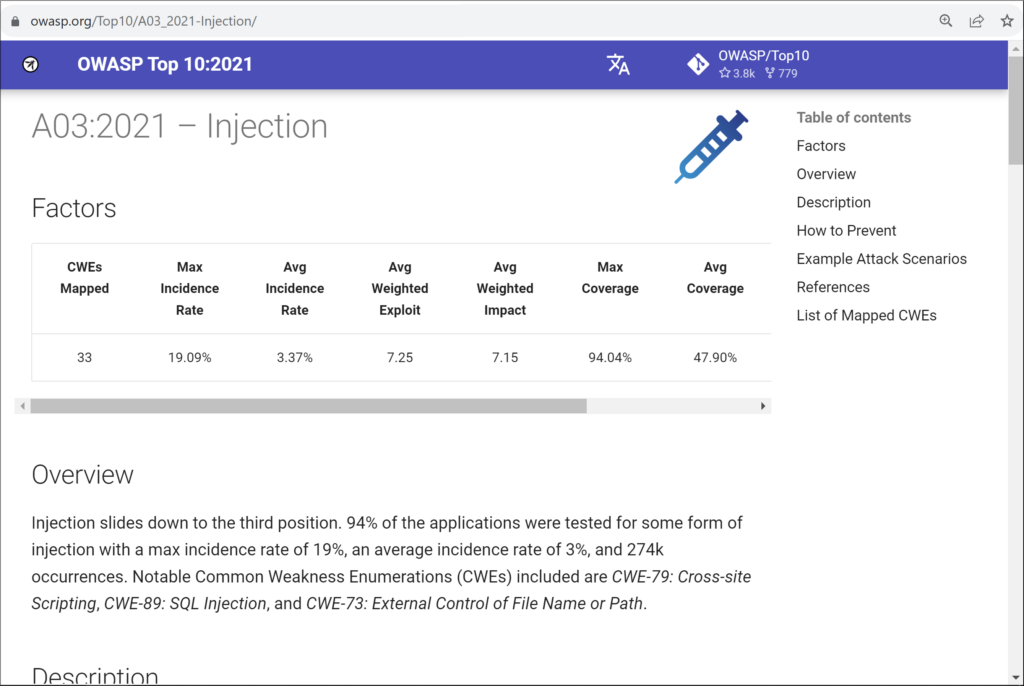 Screenshot der OWASP Top 10:2021-Webseite, die der Beschreibung der Sicherheitslücke A03:2021 – Injektion gewidmet ist.