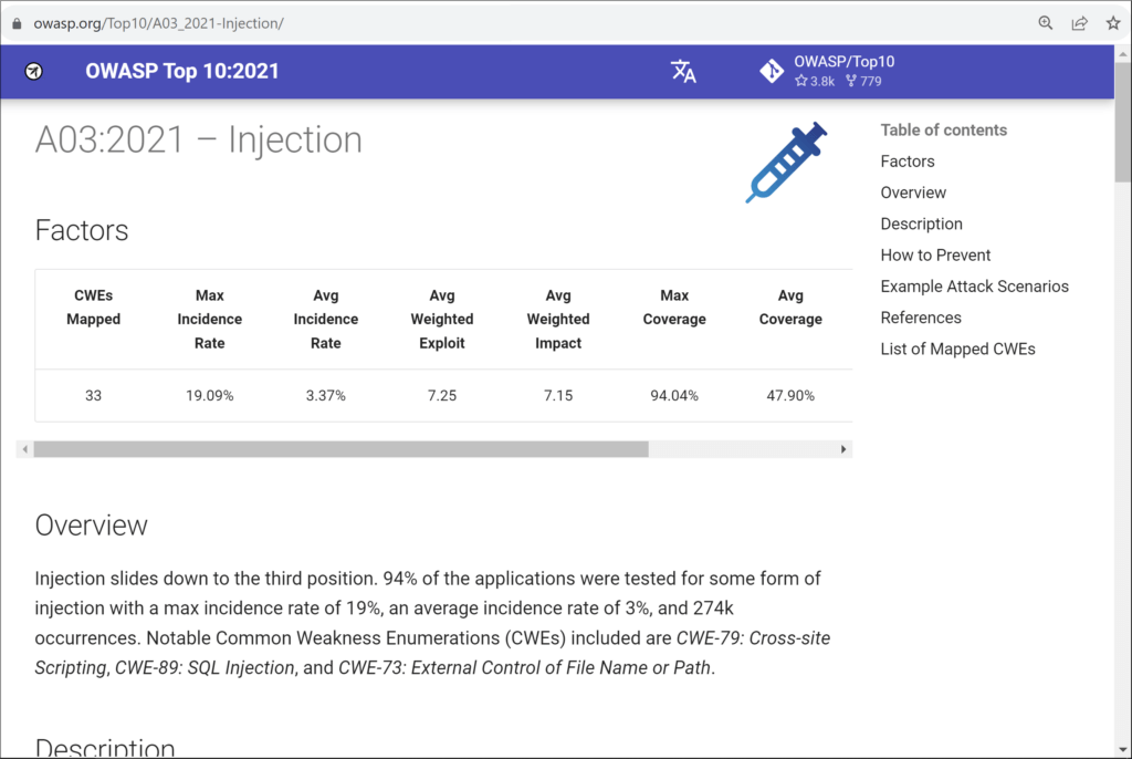 Screenshot der OWASP Top 10:2021-Webseite, die der Beschreibung der Sicherheitslücke A03:2021 – Injektion gewidmet ist.