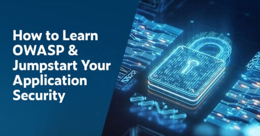 Title on left: How to Learn OWASP & Jumpstart Your Application Security. On the right is 3D image of a padlock representing application security lying flat illuminated with various shades of blue.