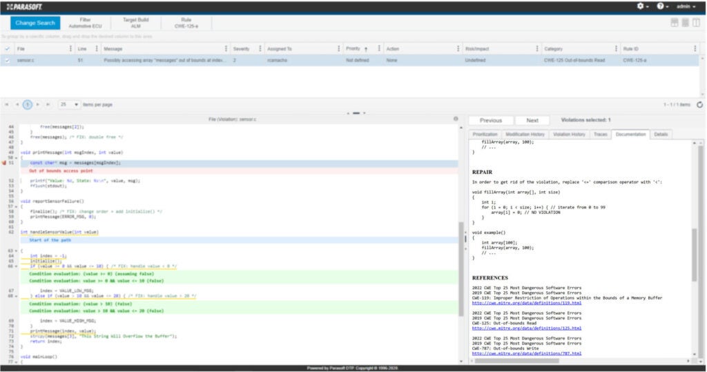 Capture d'écran du test Parasoft C/C++ montrant la détection d'un accès mémoire hors limites.