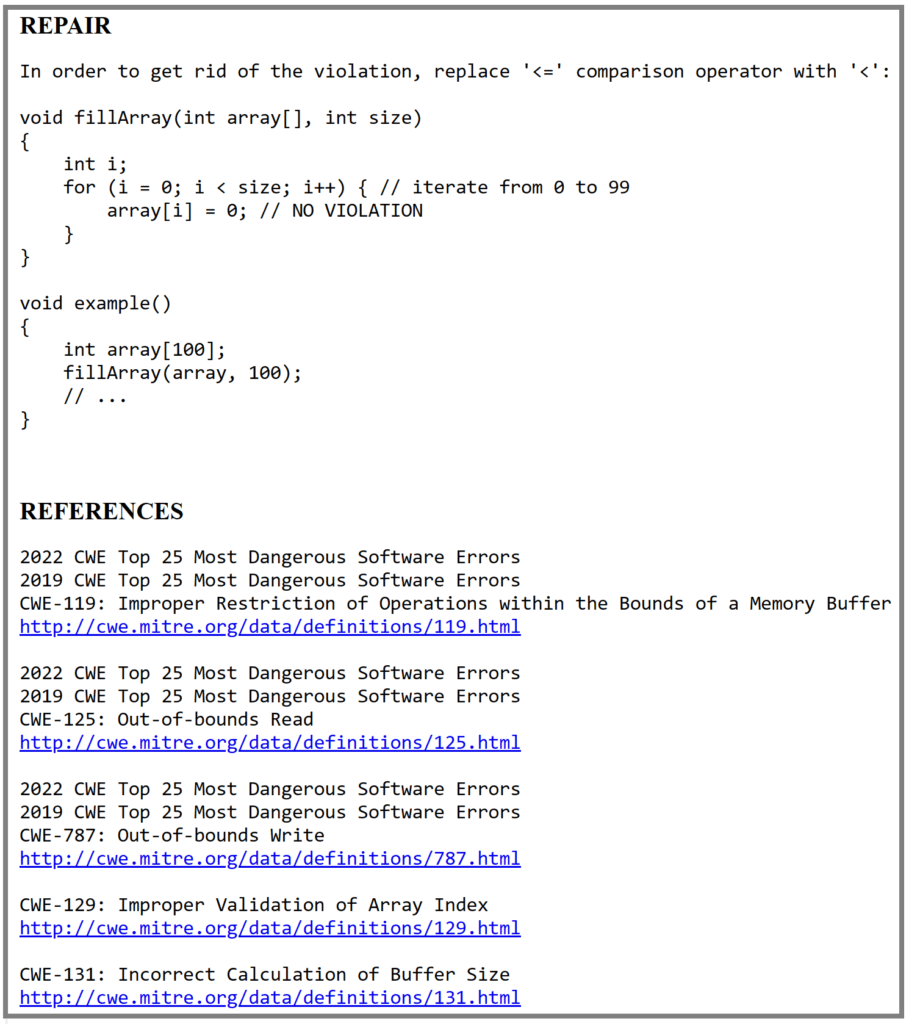 Captura de pantalla que muestra detalles sobre cómo reparar una vulnerabilidad CWE Top 25 junto con las referencias apropiadas.