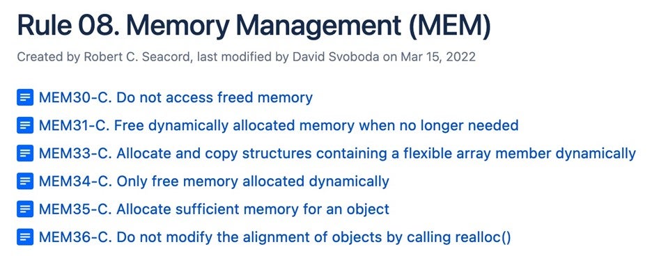 Captura de pantalla que muestra las reglas CERT CERT C para la administración de memoria (MEM): MEM30-C a MEM36-C.