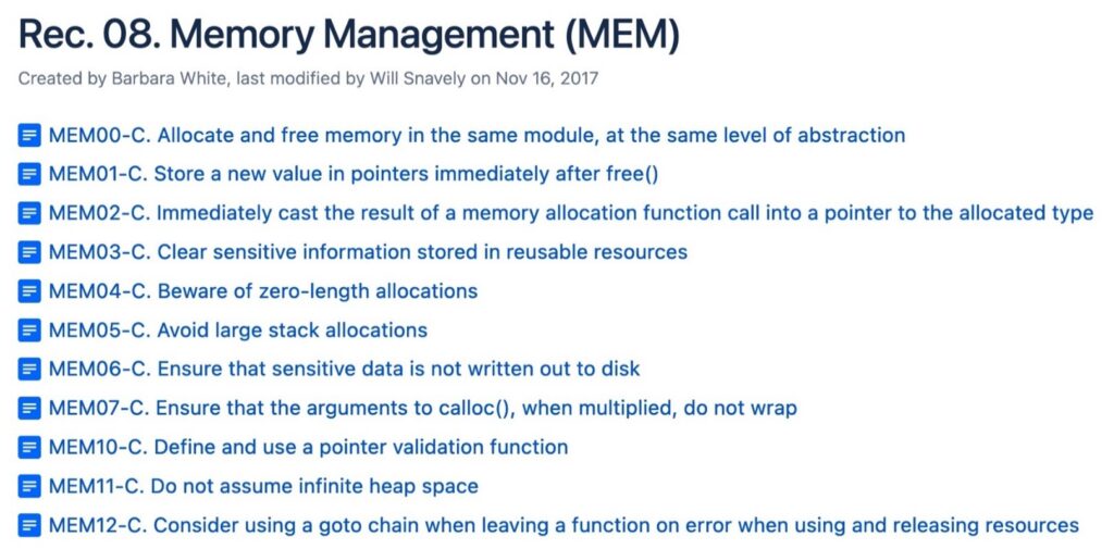 Captura de pantalla que muestra las reglas CERT CERT C para la administración de memoria (MEM): MEM000-C a MEM12-C.