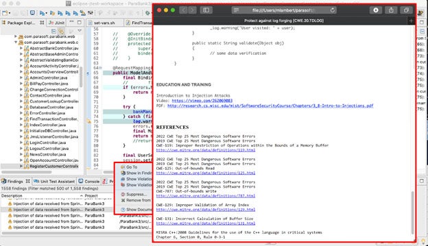 Captura de pantalla de la prueba de Parasoft C/C++ con resultados de análisis estáticos en segundo plano y ampliando las 25 referencias estándar principales de CWE.
