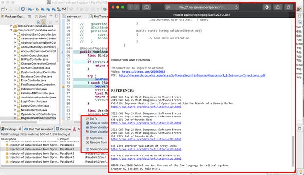 Capture d'écran du test Parasoft C/C++ avec les résultats de l'analyse statique en arrière-plan et un zoom avant sur les références standards CWE Top 25.