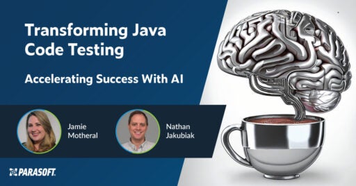 Transforming Java Code Testing: Accelerating Success With AI with graphic of brain drinking coffee on right