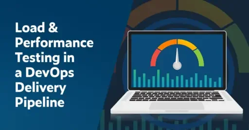 Texto a la izquierda: Pruebas de carga y rendimiento en un canal de entrega de DevOps. El gráfico de la derecha muestra una computadora portátil abierta con un informe de pruebas de carga y rendimiento.