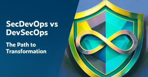 Texto a la izquierda: SecDevOps vs DevSecOps: el camino hacia la transformación. A la derecha hay una imagen en 3D de un escudo de seguridad con un bucle de prueba continuo centrado en él.