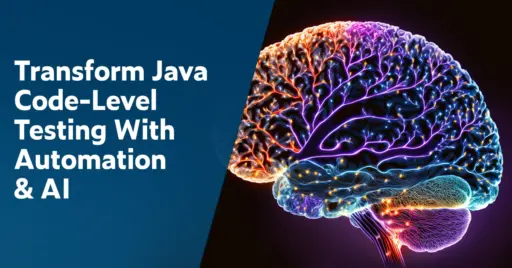 Texto de la izquierda: Transforme las pruebas a nivel de código Java con automatización e inteligencia artificial. A la derecha hay un contorno iridiscente de un cerebro con puntos iluminados que representan puntos de datos.