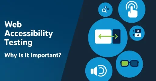 Text on left: Web Accessibility Testing: Why Is It Important? On the right are various sizes of circles encompassing various icons that represent web accessibility for types of disabilities including visual, auditory, cognitive, and motor impairments.