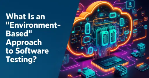 Texto a la izquierda: ¿Qué es un enfoque "basado en el medio ambiente" para las pruebas de software? A la derecha hay una imagen abstracta que muestra una nube con un borde naranja neón que contiene todas las partes de un entorno de prueba en su interior. A continuación se muestra una computadora portátil sobre un escritorio con luces de color rosa neón que conectan todas las piezas de hardware. Fuera de la nube hay API delineadas en azul neón y rosa.