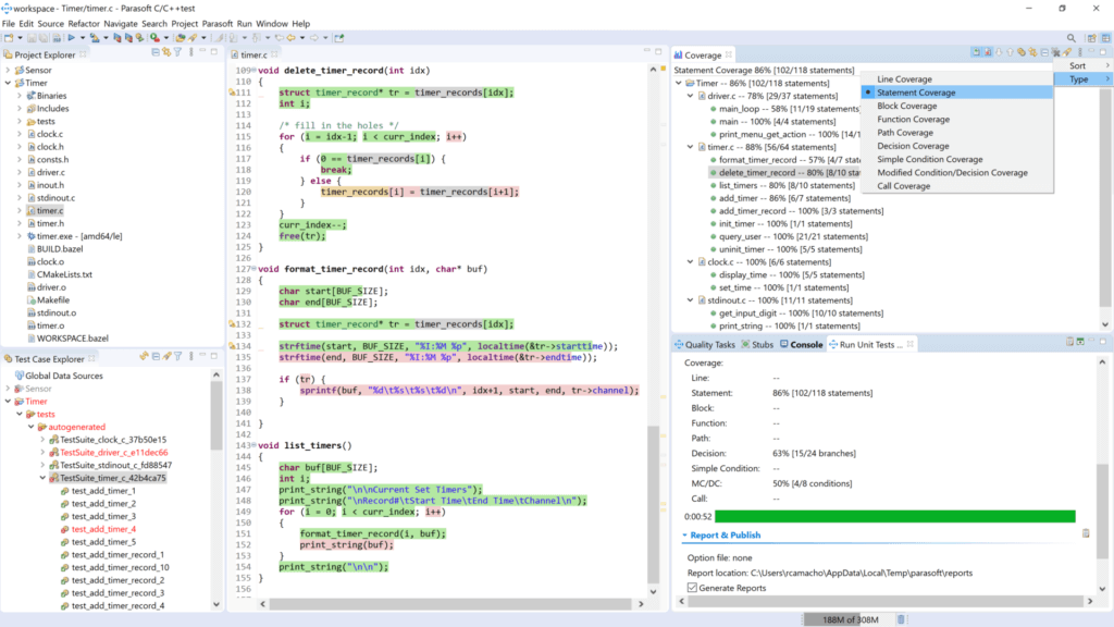 Capture d'écran du test Parasoft C/C++ avec couverture d'instruction sélectionnée comme type, préparant l'exécution de tests unitaires.