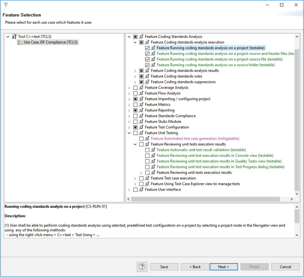 Capture d'écran de la sélection des fonctionnalités de test Parasoft C/C++ montrant les résultats d'un projet d'analyse des normes de codage.