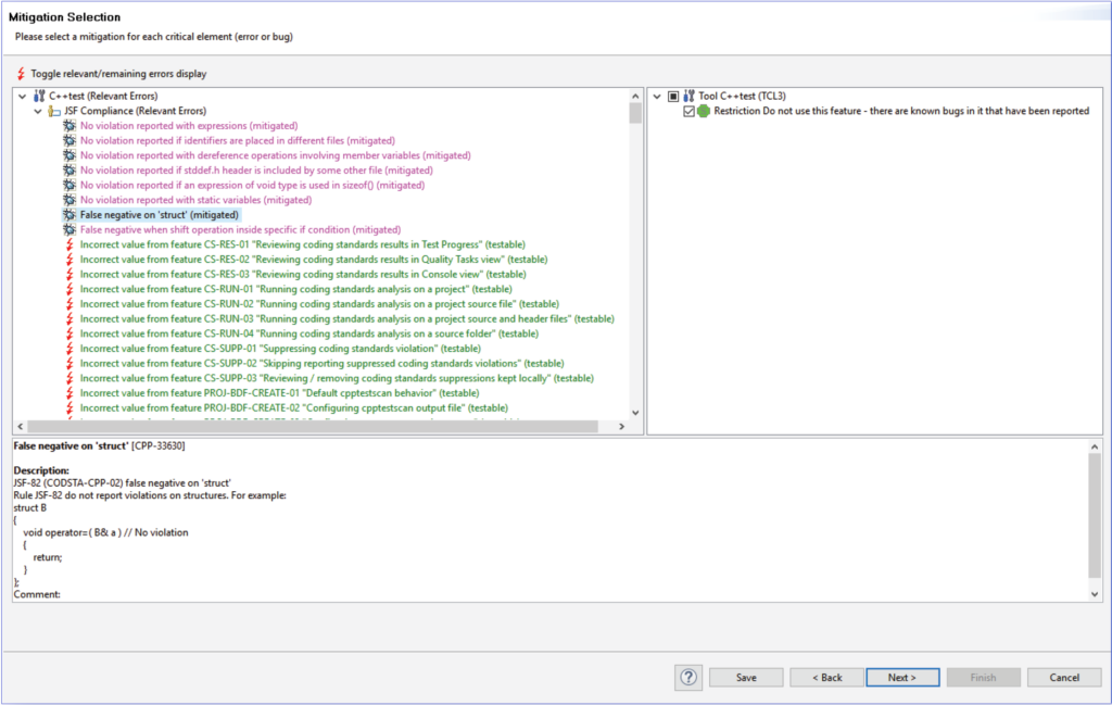 Screenshot of C++test showing mitigation selection window with a list of relevant errors displayed.