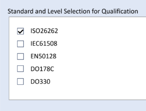 Captura de pantalla del kit de calificación de prueba de Parasoft C/C++ que muestra opciones para la selección de estándar y nivel para la calificación: ISO 26262 (seleccionado), IEC 61508, EN 50128, DO 178C, DO 330.