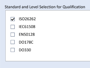 Screenshot des Parasoft C/C++-Testqualifikationskits mit Optionen für die Standard- und Levelauswahl für die Qualifizierung: ISO 26262 (ausgewählt), IEC 61508, EN 50128, DO 178C, DO 330.