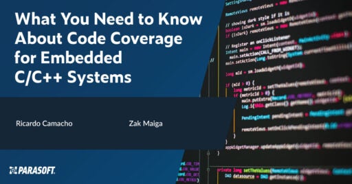 Lo que necesita saber sobre la cobertura de código para sistemas integrados C/C++ Título del seminario web y nombres de los oradores e imagen del fragmento de código a la derecha