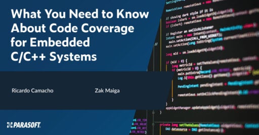 Was Sie über die Codeabdeckung für eingebettete C/C++-Systeme wissen müssen: Titel des Webinars und Namen der Referenten sowie Bild des Codeausschnitts rechts