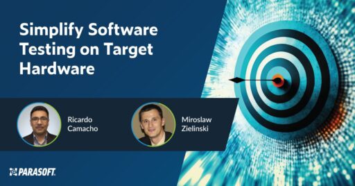 Simplify Software Testing on Target Hardware with speaker headshots and graphics of an arrow hitting a target on the right