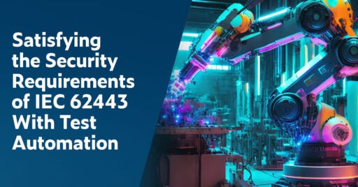 Texto a la izquierda: Satisfacer los requisitos de seguridad de IEC 62443 con automatización de pruebas. A la derecha hay un brazo robótico utilizado para la automatización industrial, coloreado en tonos brillantes de azul agua, violeta, rosa y amarillo.