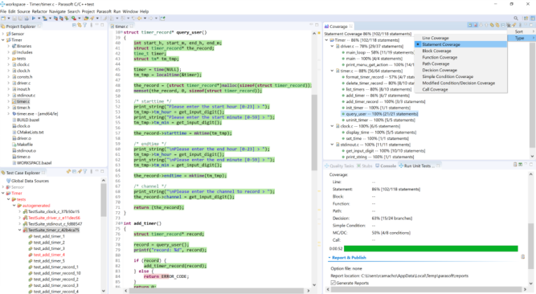 Capture d'écran des cas de test Parasoft C/C++ pour les tests du système de tests unitaires, les tests manuels et plus encore pour la couverture du code de structure.