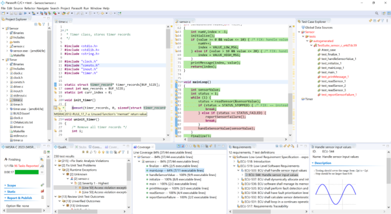Capture d'écran du test Parasoft C/C++ montrant comment satisfaire aux normes de sécurité fonctionnelle avec l'analyse statique, les tests unitaires et la couverture de code et automatiser les exigences de vérification et de validation.