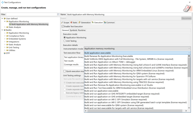 Screenshot of Parasoft C/C++test Test Configurations for application monitoring.