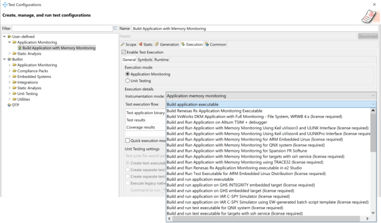 Screenshot von Parasoft C/C++test-Testkonfigurationen für die Anwendungsüberwachung.