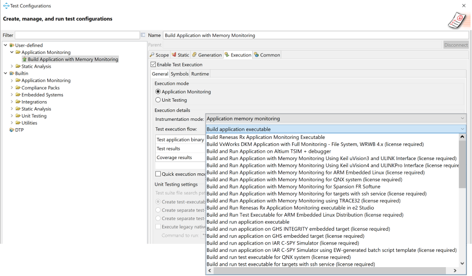 Screenshot von Parasoft C/C++test-Testkonfigurationen für die Anwendungsüberwachung.