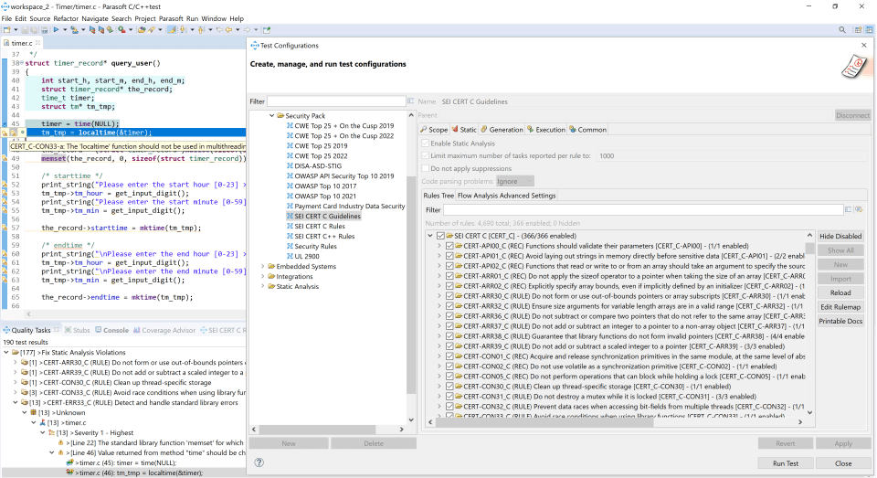 Screenshot des Parasoft C/C++-Tests, der zeigt, wie man Sicherheitstests mit statischer Analyse durchführt, um die Codequalität zu überprüfen.