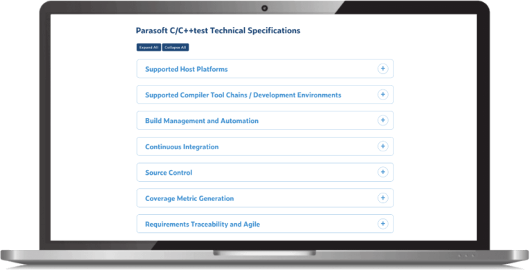 Screenshot of Parasoft C/C++test Technical Specifications list of categories encased in a monitor.