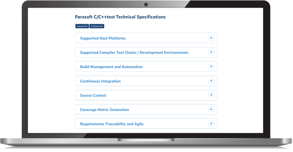 Capture d'écran de la liste des spécifications techniques du test Parasoft C/C++ des catégories intégrées dans un moniteur.
