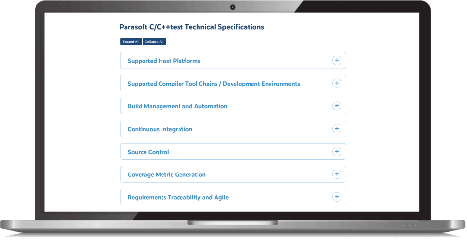 Captura de pantalla de la lista de categorías de especificaciones técnicas de prueba de Parasoft C/C++ encerradas en un monitor.