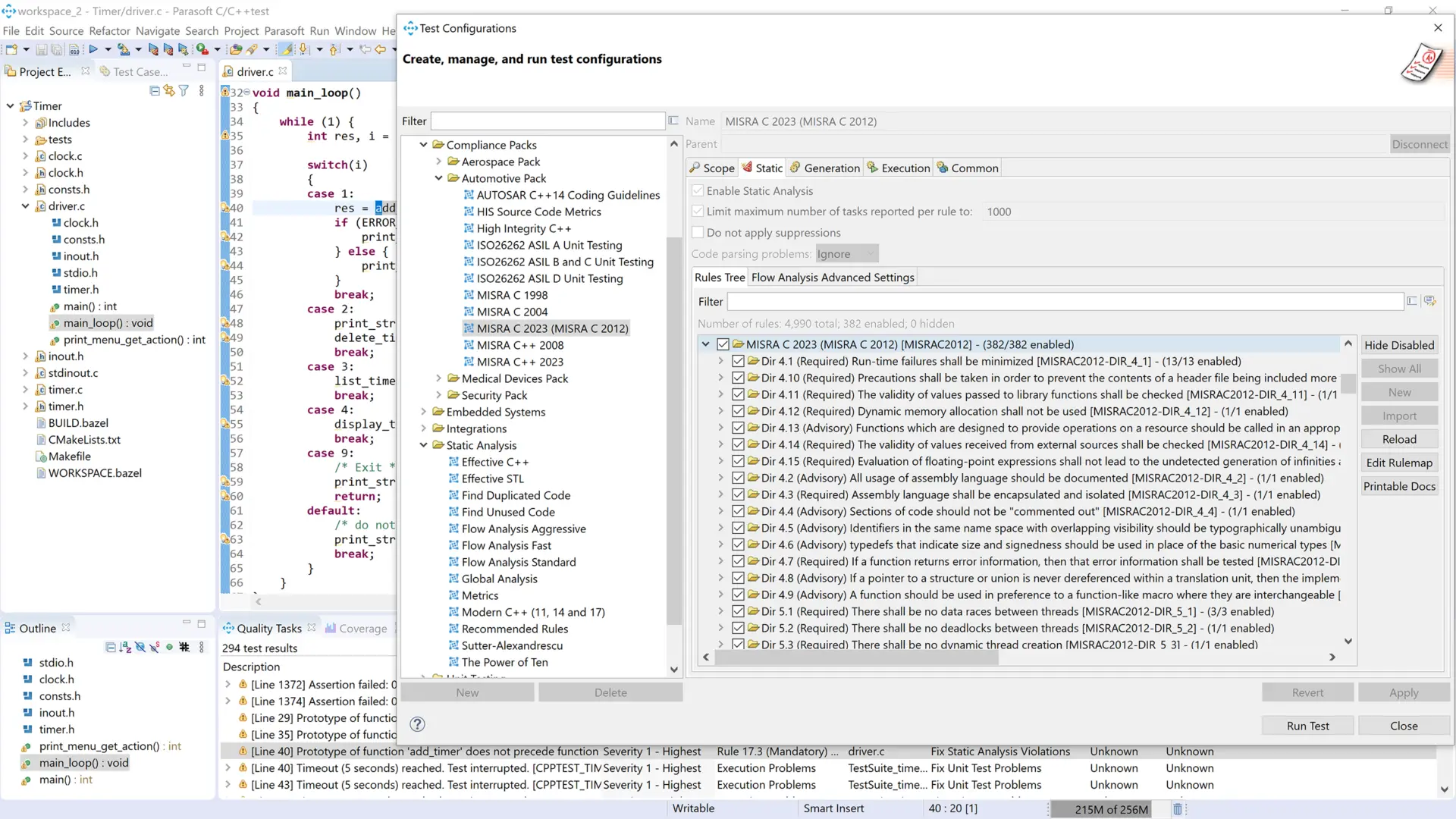 Captura de pantalla de las configuraciones de prueba de Parasoft C/C++ donde aplica técnicas de análisis de código fuente para verificar la calidad del código con los estándares de la industria.