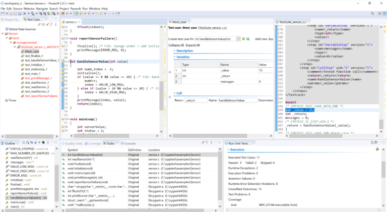 Screenshot von Parasoft C/C++test, der Unit-Test-Suites, Stubs und die Ausführung von Unit-Tests zeigt.