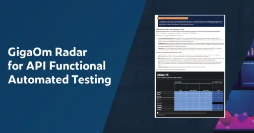 Texte à gauche : GigaOm Radar pour les tests fonctionnels automatisés des API. À droite se trouve une vignette d’une page du rapport.