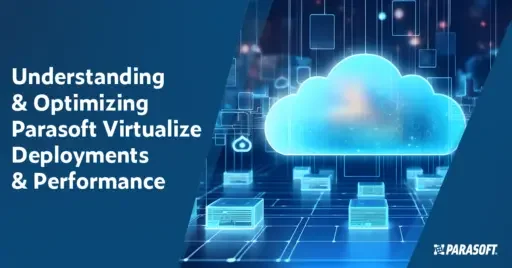 Texto a la izquierda: Comprensión y optimización de las implementaciones y el rendimiento de Parasoft Virtualize. A la derecha hay un gráfico de una nube azul claro luminiscente con un fondo de puntos de conexión de datos y pilas de datos de rendimiento.