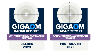 Bilder, die zwei Abzeichen für den GigaOm Radar Report für API Functional Automated Testing zeigen. Der erste ist Leader 2023 und der zweite ist Fast Mover 2023.