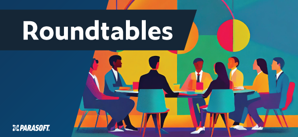 Text links: Roundtables mit Grafik von Menschen, die an einem Konferenztisch sitzen