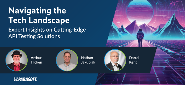 Navigating the Tech Landscape: Expert Insights on Cutting-Edge API Testing Solutions with speaker headshots and graphic of hiker with backpack walking toward mountain range