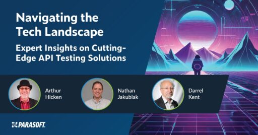 Navigating the Tech Landscape: Expert Insights on Cutting-Edge API Testing Solutions with speaker headshots and graphic of hiker with backpack walking toward mountain range