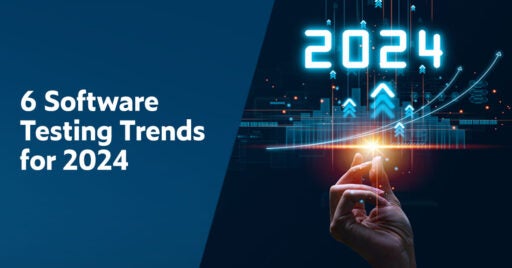 Text on left: 6 Software Testing Trends for 2024. On the right is an image of 2024 illuminated in white and light blue with atop technology images and a hand snapping fingers to indicated innovation.