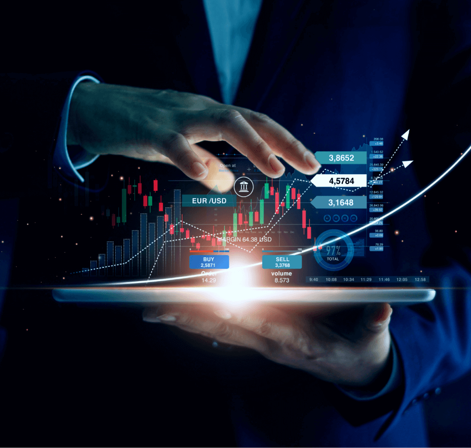 Image showing a male in a business suit holding a laptop with a transparent 3D facing outward displaying financial metrics on a dashboard.