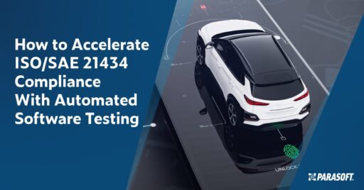 Texto a la izquierda: Cómo acelerar el cumplimiento de ISO/SAE 21434 con pruebas de software automatizadas. A la derecha hay una vista elevada de un automóvil compacto blanco estacionado sobre una plataforma negra brillante con líneas blancas que indican dónde se encuentra el software integrado.