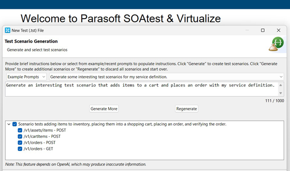 Screenshot of Parasoft SOAtest with the Generative AI OpenAI integration showing a command prompt and the corresponding generated API test scenario.