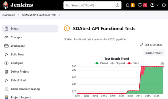 Capture d'écran de Jenkins montrant les étapes de construction pour exécuter les tests d'intégration de l'API Parasoft SOAtest.