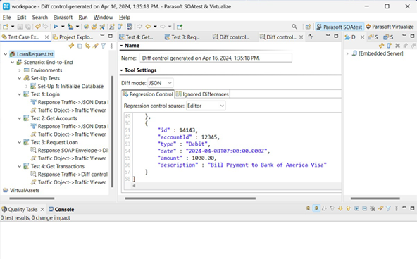 Screenshot of Parasoft SOAtest in the Eclipse IDE showing an end-to-end scenario test case with regression control.