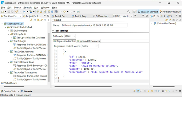 Screenshot von Parasoft SOAtest in der Eclipse-IDE, der einen End-to-End-Szenario-Testfall mit Regressionskontrolle zeigt.