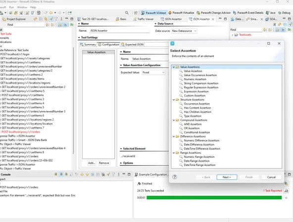 Screenshot der Eclipse-IDE mit Parasoft SOAtest, der ein API-Testszenario und das Menü zum skriptlosen Hinzufügen verschiedener Arten von Behauptungen zeigt.